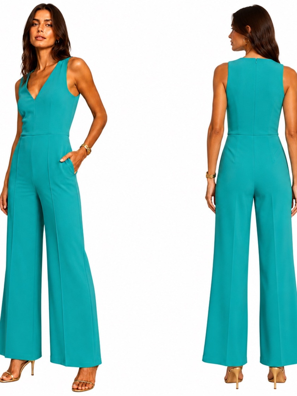 Teal Wide Leg Jumpsuit Sleeveless VNeck Cocktail One-Piece Wedding Guest Resort